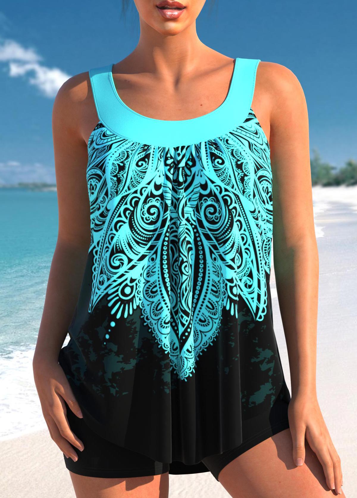 Modlily Cyan Tribal Print Wide Strap Scoop Tankini Top - S