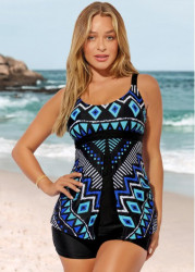 Modlily Cyan Tribal Print Wide Strap Tankini Top - S