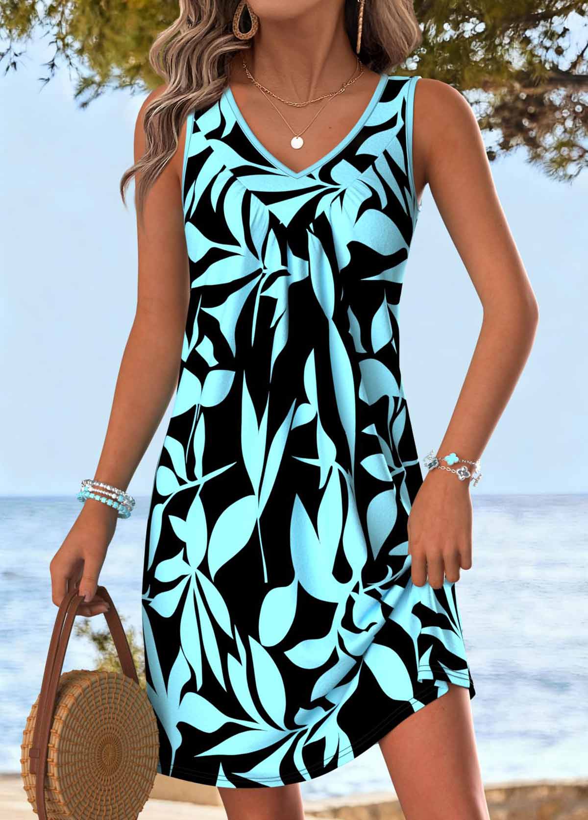 Modlily Cyan Tummy Coverage Leaf Print Short Sleeveless Dress - S