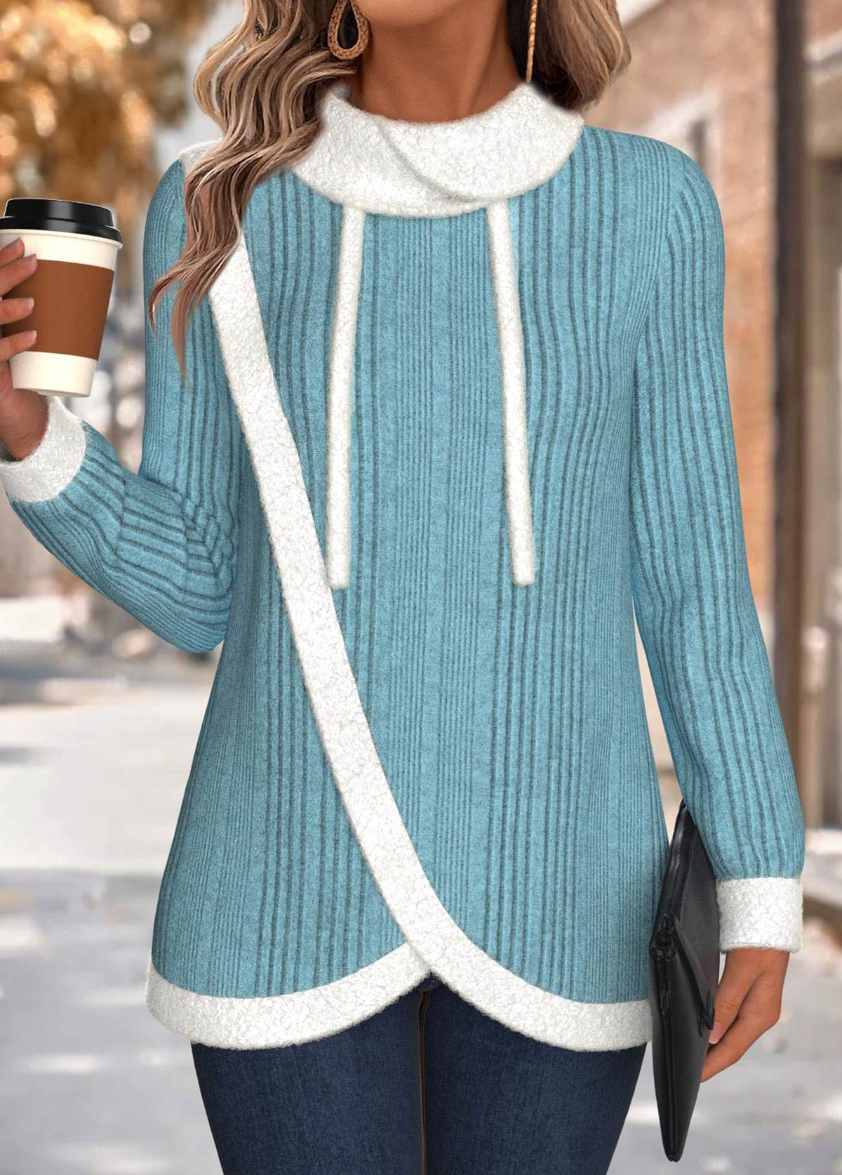 Modlily Cyan Tummy Coverage Long Sleeve Cowl Neck Sweatshirt - L