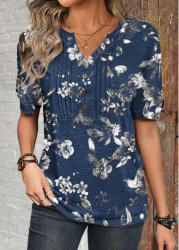Modlily Dark Blue Button Floral Print Short Sleeve T Shirt - M