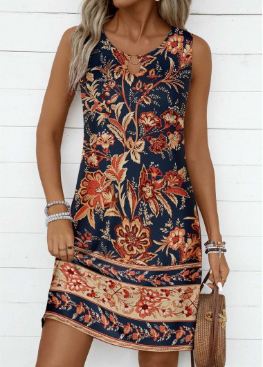 Modlily Dark Blue Circular Ring Floral Print Sleeveless Dress - S