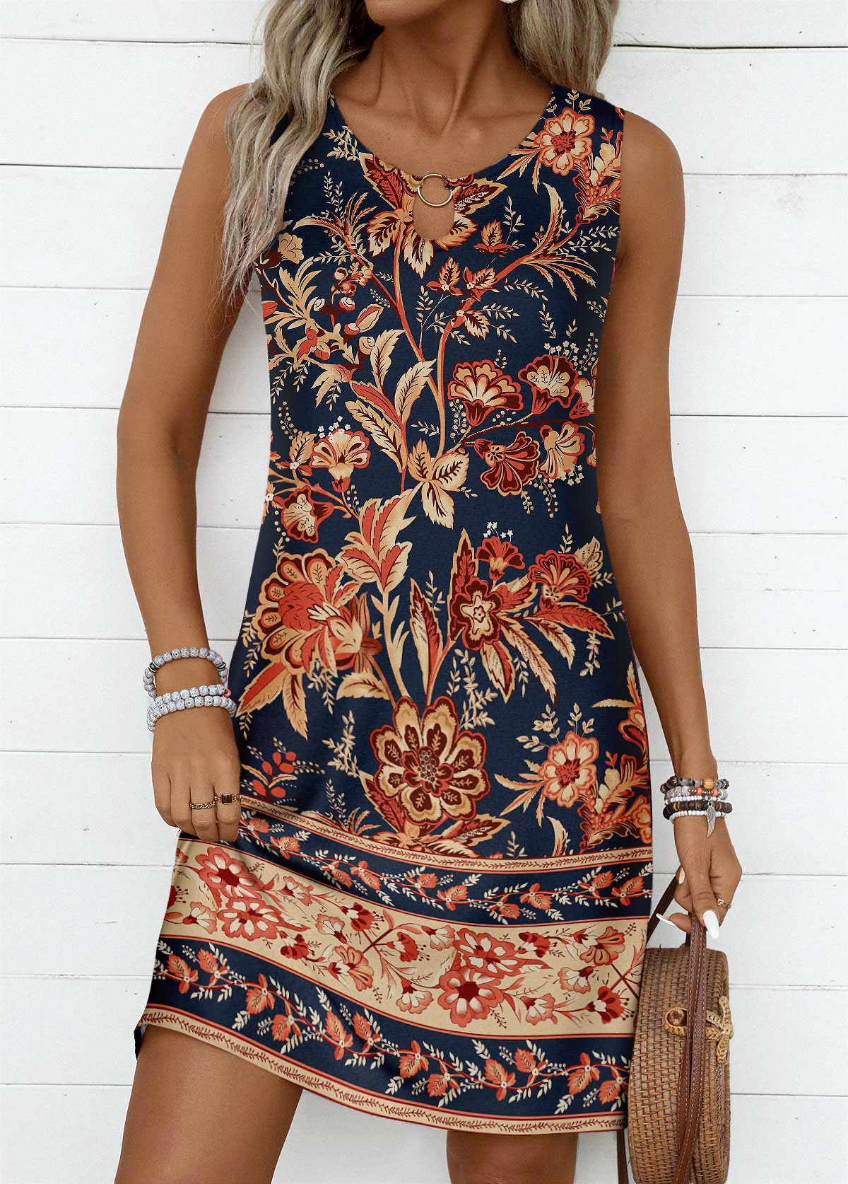Modlily Dark Blue Circular Ring Floral Print Sleeveless Dress - XL