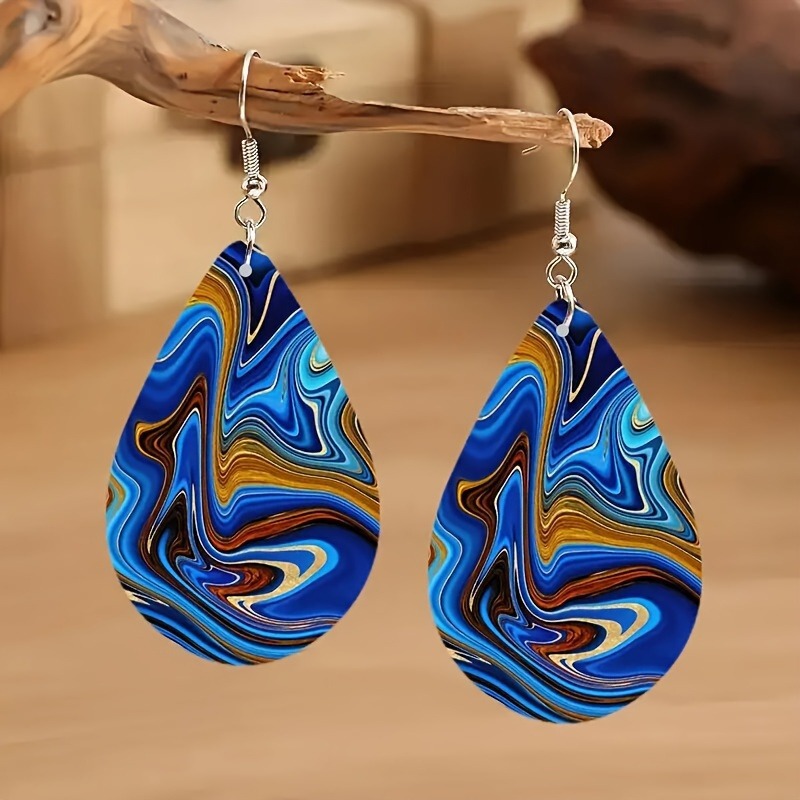 Modlily Dark Blue Droplet Wood Detail Earrings - One Size