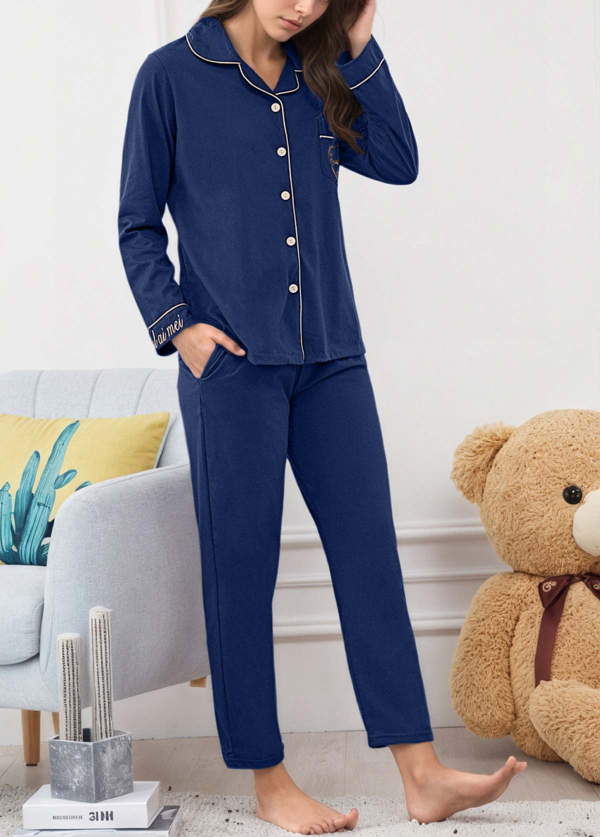 Modlily Dark Blue Letter Print Lounge Top and Pants - S