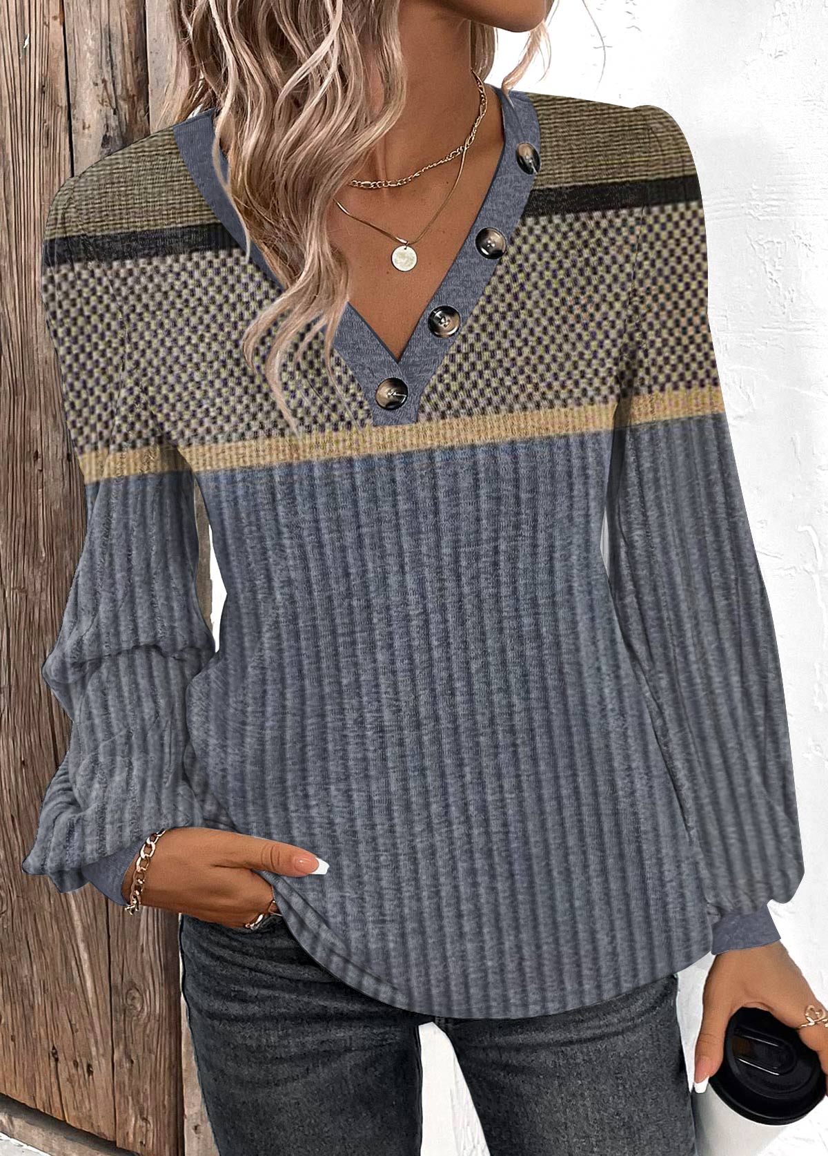 Modlily Dark Blue Patchwork Geometric Print Long Sleeve T Shirt - M