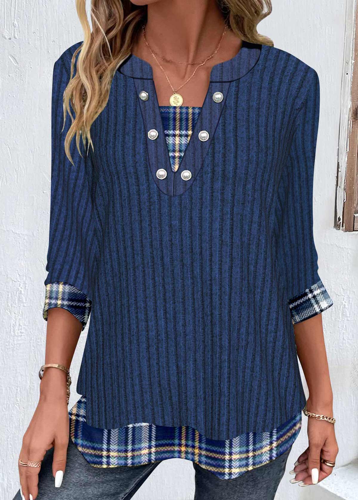 Modlily Dark Blue Patchwork Plaid 3/4 Sleeve T Shirt - M