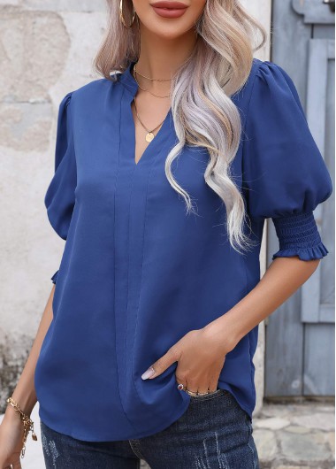 Modlily Dark Blue Smocked Half Sleeve Split Neck Blouse - S