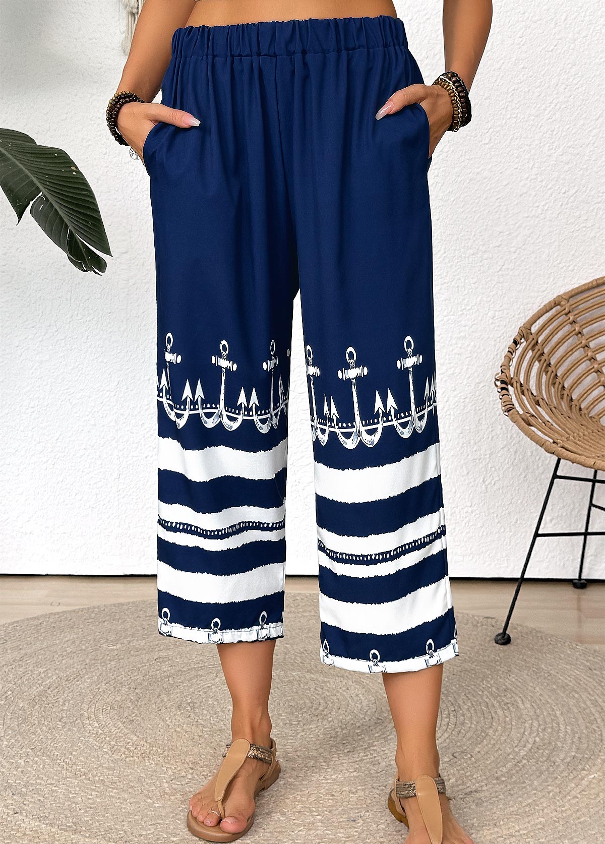Modlily Dark Blue Tribal Print Straight Leg Elastic Waist Pants - 3XL