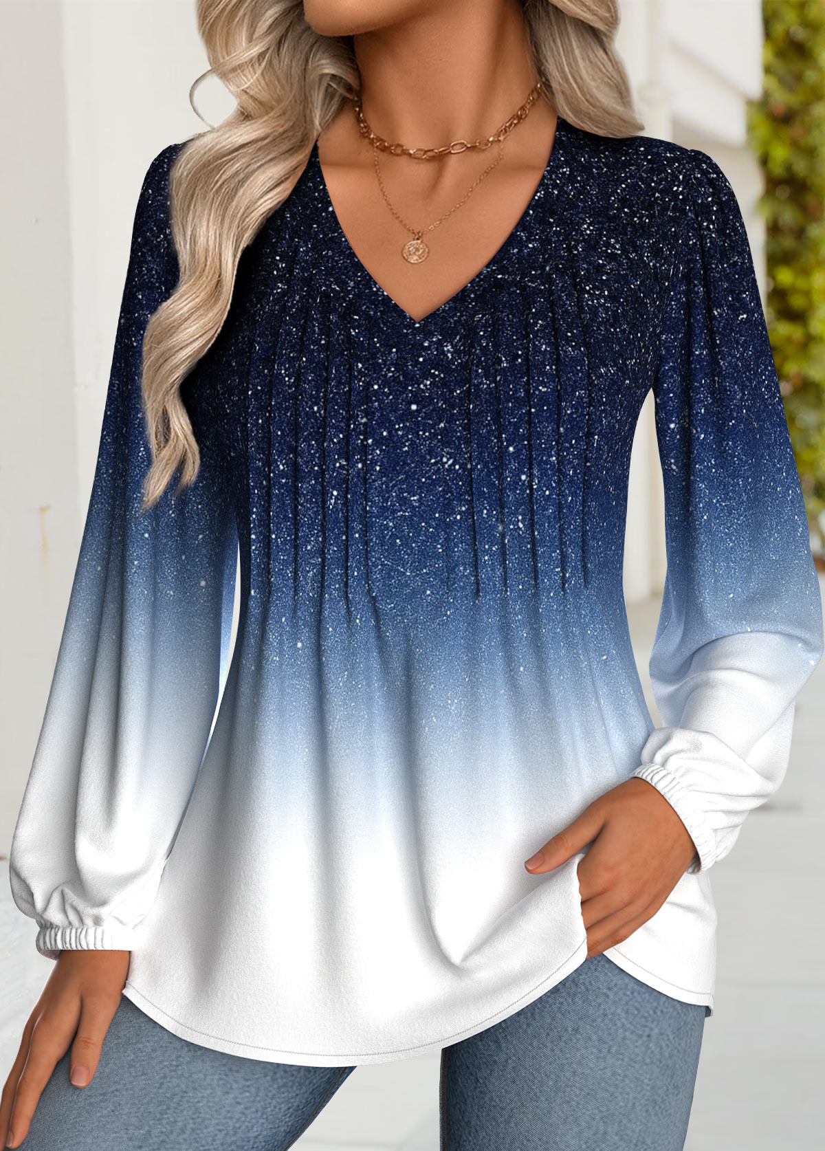 Modlily Dark Blue Tummy Coverage Ombre Long Sleeve T Shirt - M