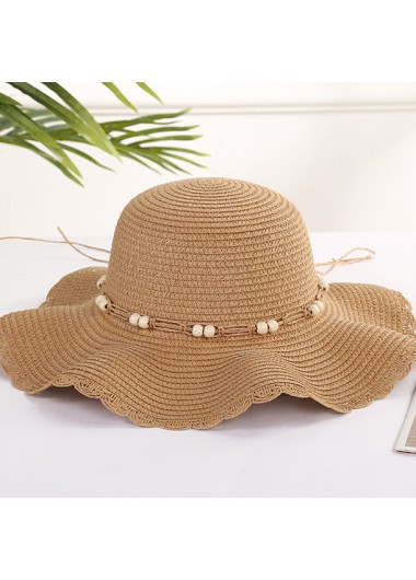 Modlily Dark Camel Beads Scalloped Hem Straw Hat - One Size