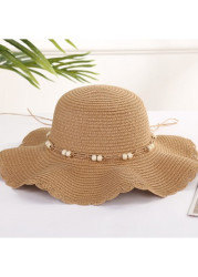 Modlily Dark Camel Beads Scalloped Hem Straw Hat - One Size