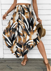 Modlily Dark Camel Bohemian Print A Line Elastic Waist Skirt - 2XL