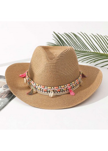 Modlily Dark Camel Bowknot Tassel Detail Hat - One Size