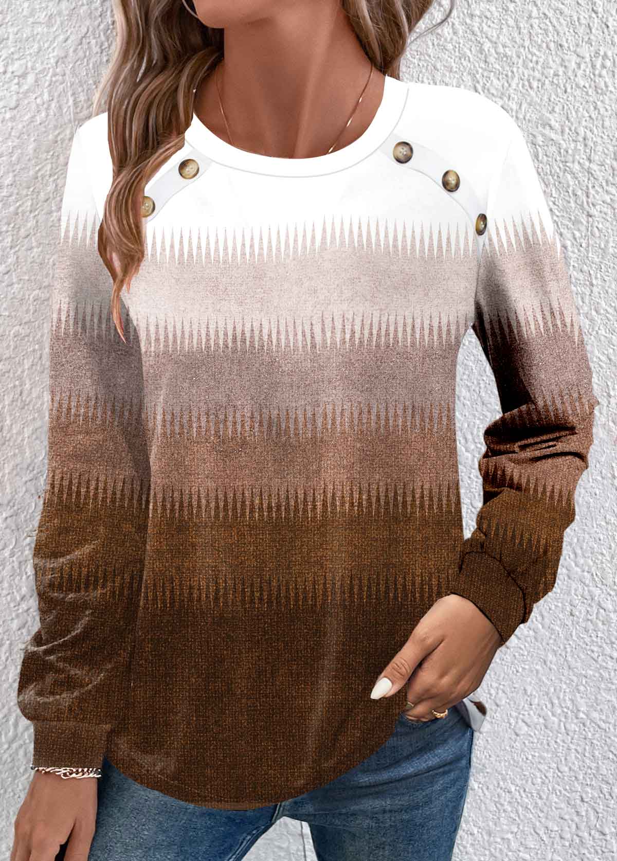 Modlily Dark Camel Button Ombre Long Sleeve T Shirt - L