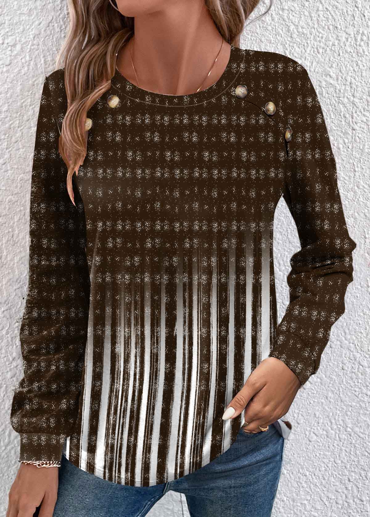 Modlily Dark Camel Button Ombre Long Sleeve T Shirt - XXL