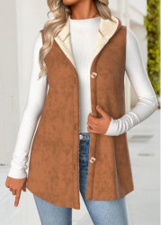 Modlily Dark Camel Button Sleeveless Hooded Waistcoat - M