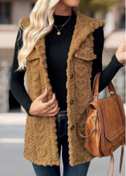 Modlily Dark Camel Button Sleeveless Hooded Waistcoat - M