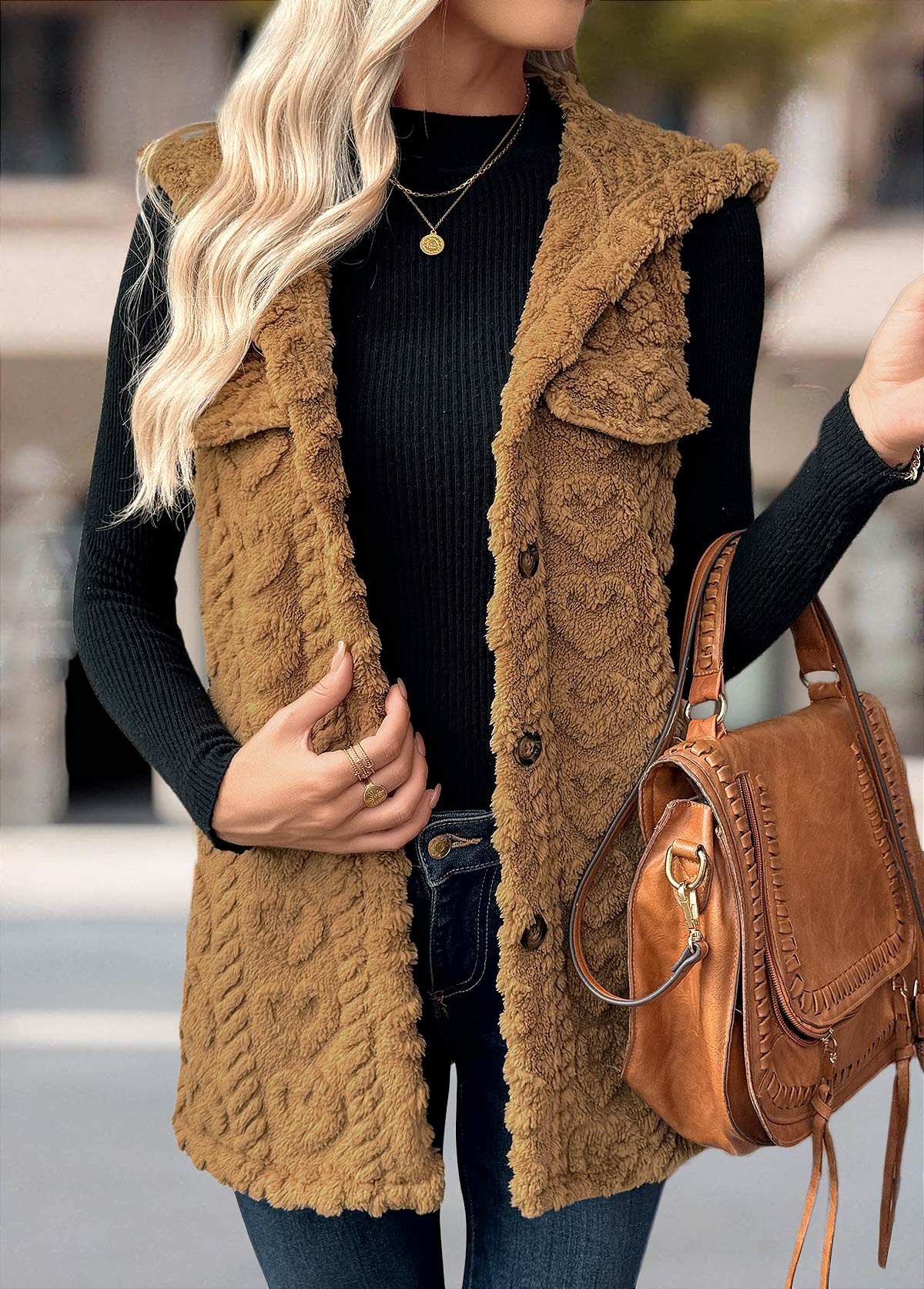 Modlily Dark Camel Button Sleeveless Hooded Waistcoat - XL