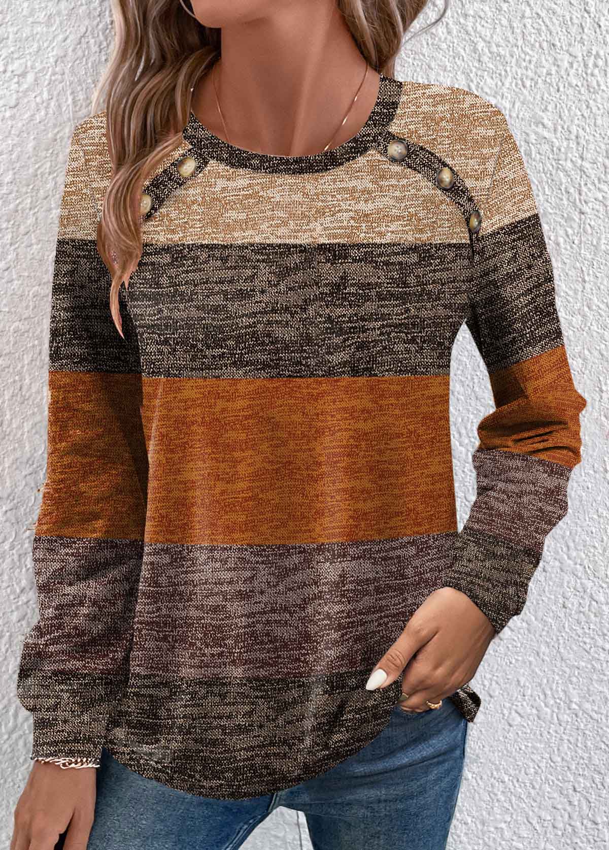 Modlily Dark Camel Button Striped Long Sleeve T Shirt - XL