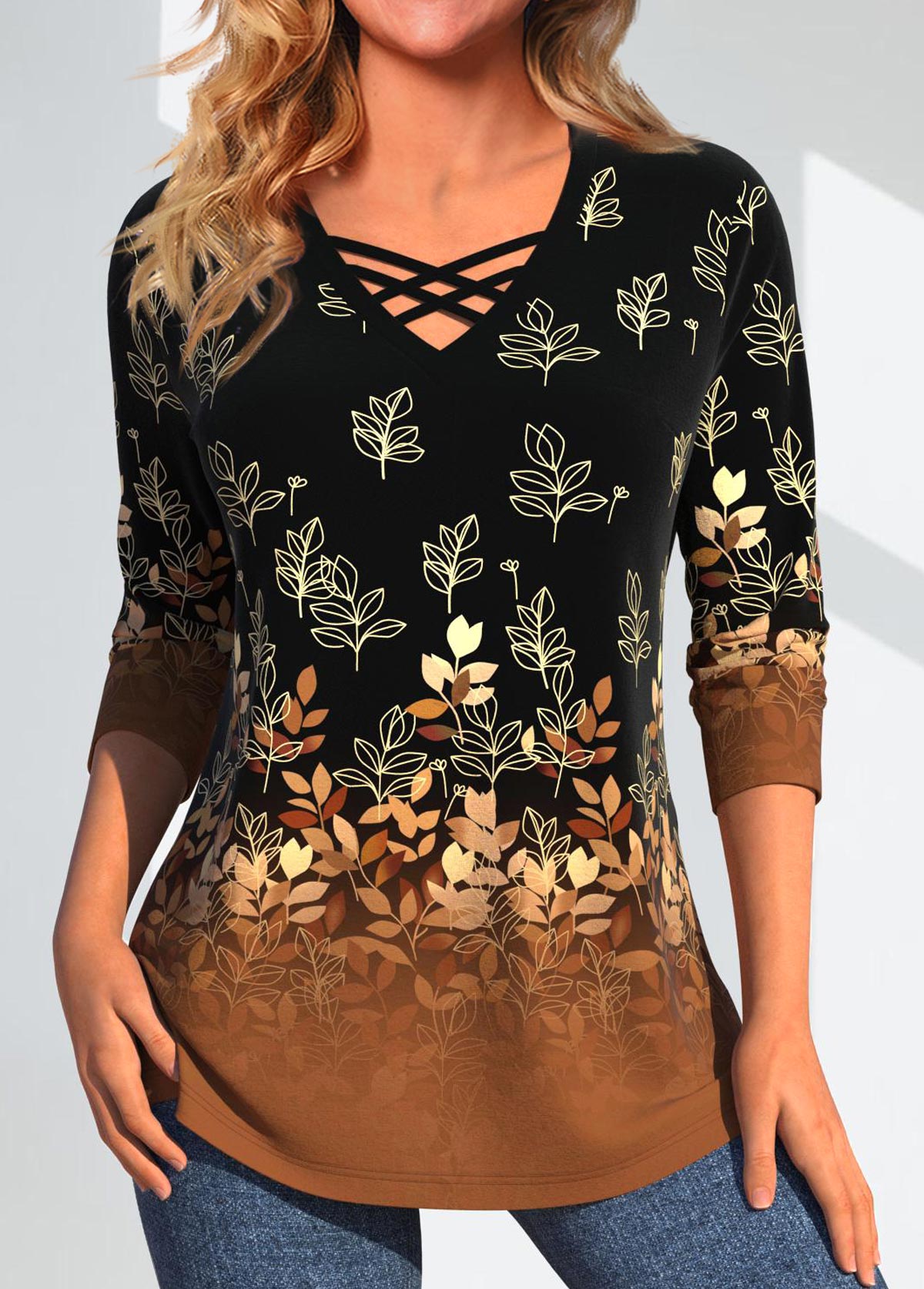 Modlily Dark Camel Criss Cross Leaf Print T Shirt - XXL