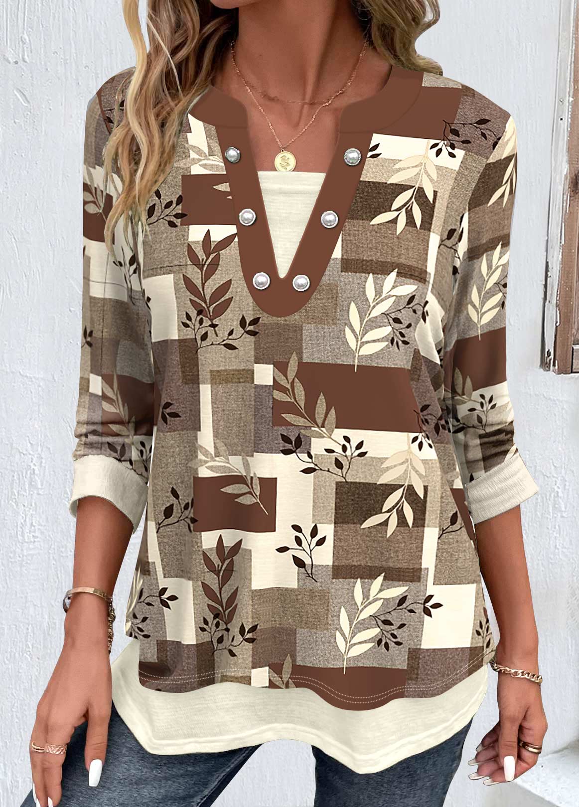 Modlily Dark Camel Fake 2in1 Random Floral Print Blouse - S
