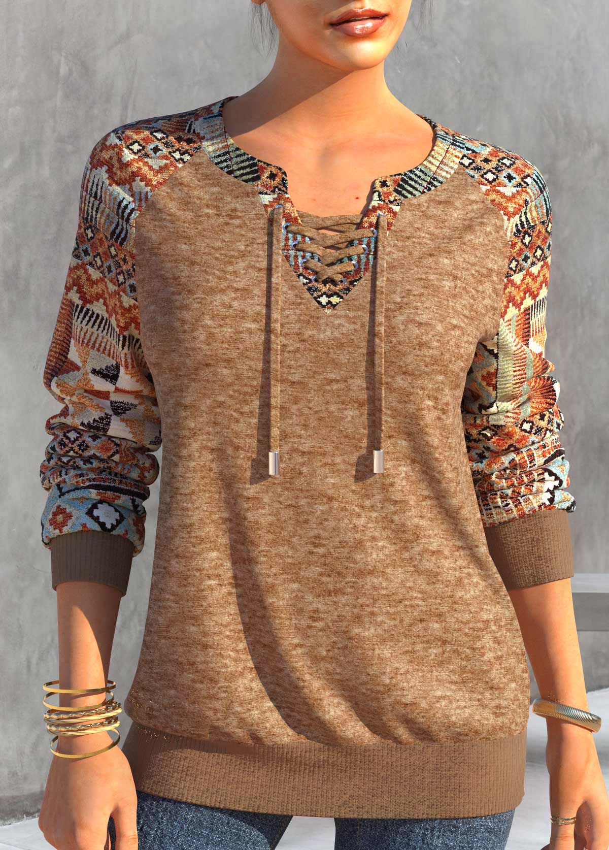 Modlily Dark Camel Lace Up Tribal Print T Shirt - S