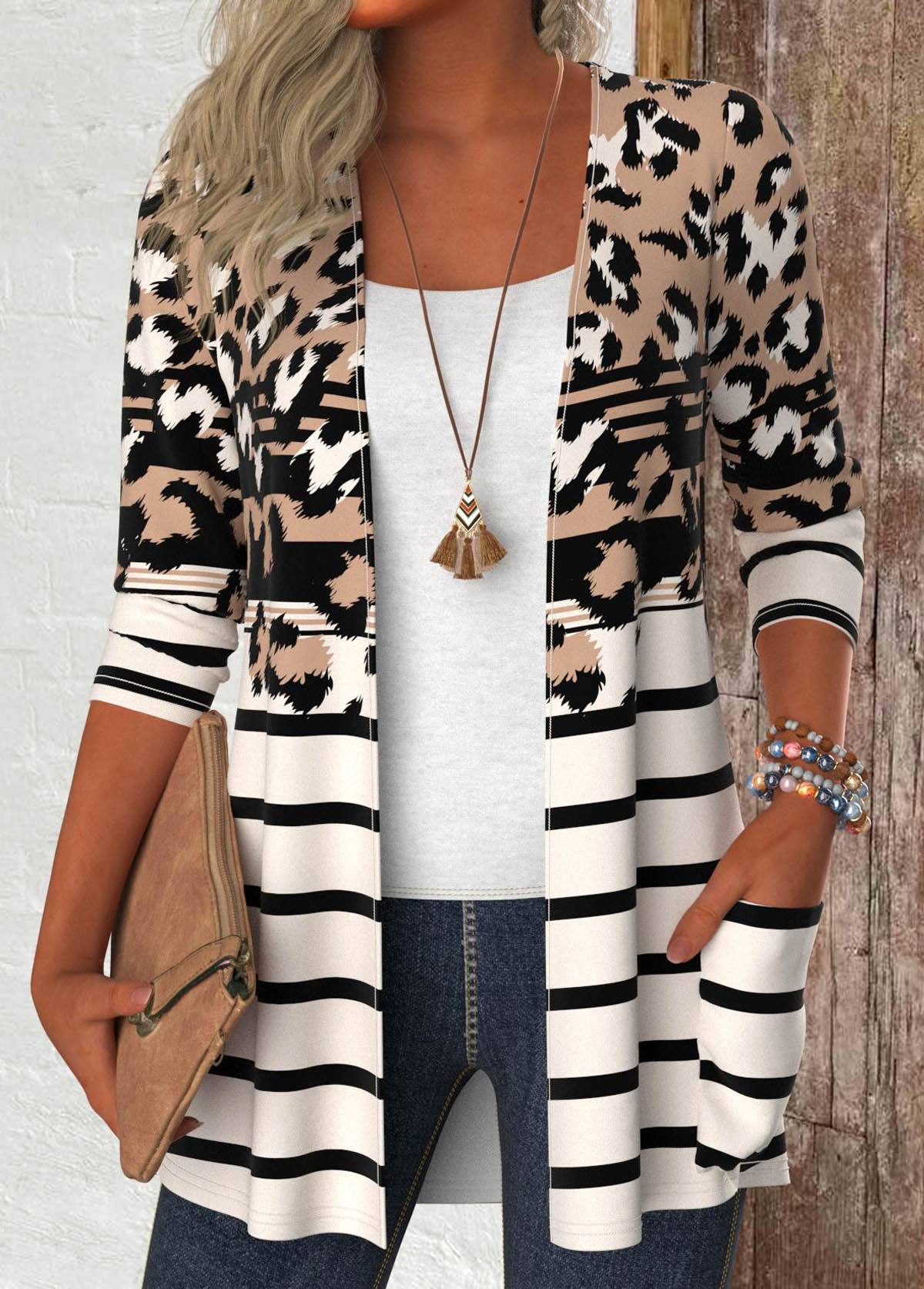 Modlily Dark Camel Leopard Long Sleeve Light Cardigan - S