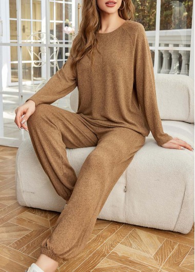 Modlily Dark Camel Long Sleeve Lounge Top and Pants - S