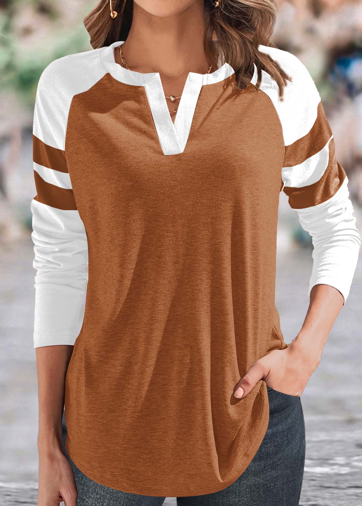 Modlily Dark Camel Patchwork Long Sleeve T Shirt - M