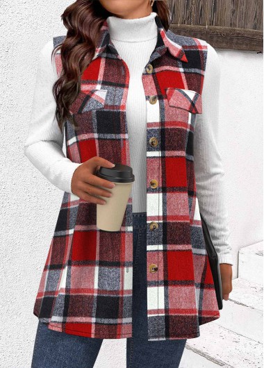 Modlily Dark Camel Patchwork Plaid Sleeveless Shirt Collar Waistcoat - M