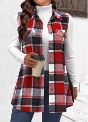 Modlily Dark Camel Patchwork Plaid Sleeveless Shirt Collar Waistcoat - M