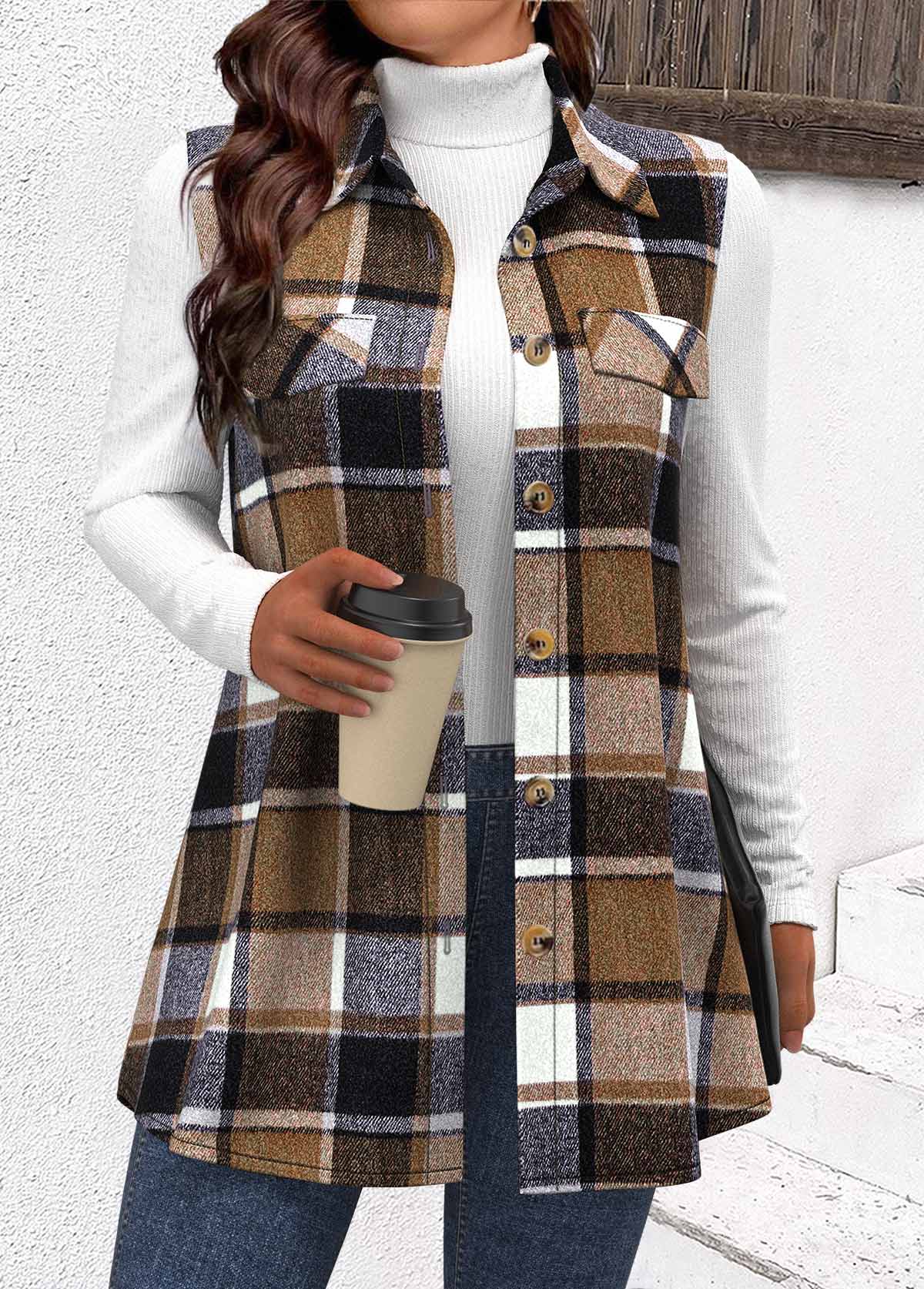 Modlily Dark Camel Patchwork Plaid Sleeveless Shirt Collar Waistcoat - XXL