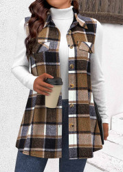 Modlily Dark Camel Patchwork Plaid Sleeveless Shirt Collar Waistcoat - XXL