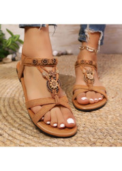 Modlily Dark Camel Peep Toe Falt Sandals - 36