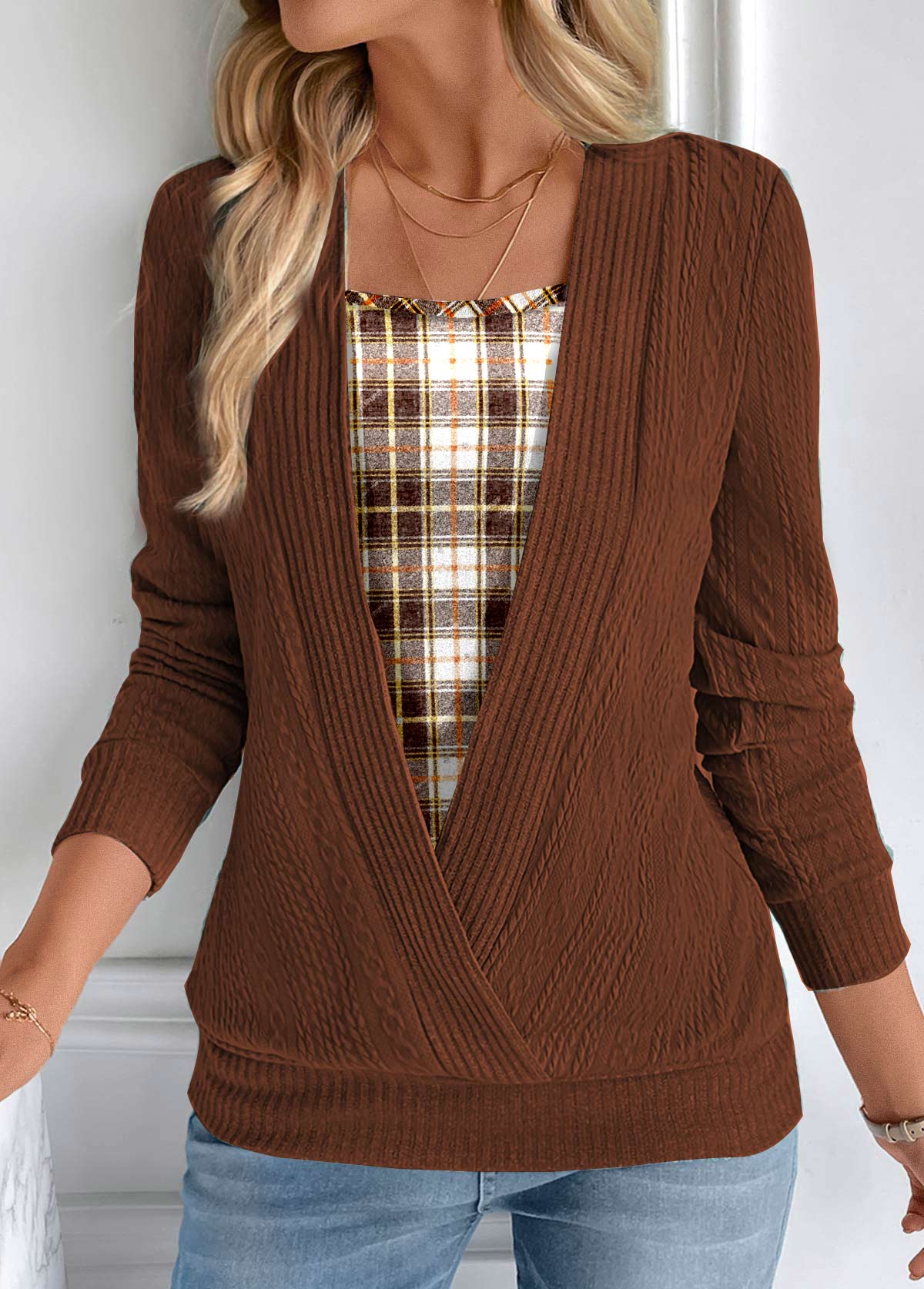 Modlily Dark Camel Plaid Sweatshirt - M