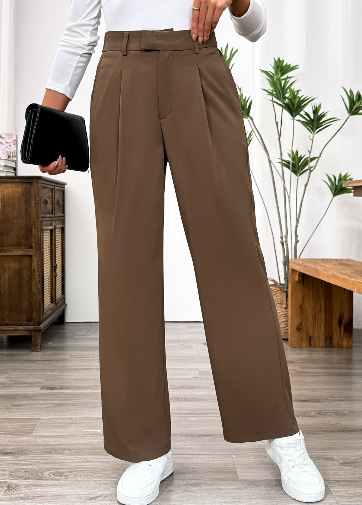 Modlily Dark Camel Pocket Straight Leg Elastic Waist Pants - S