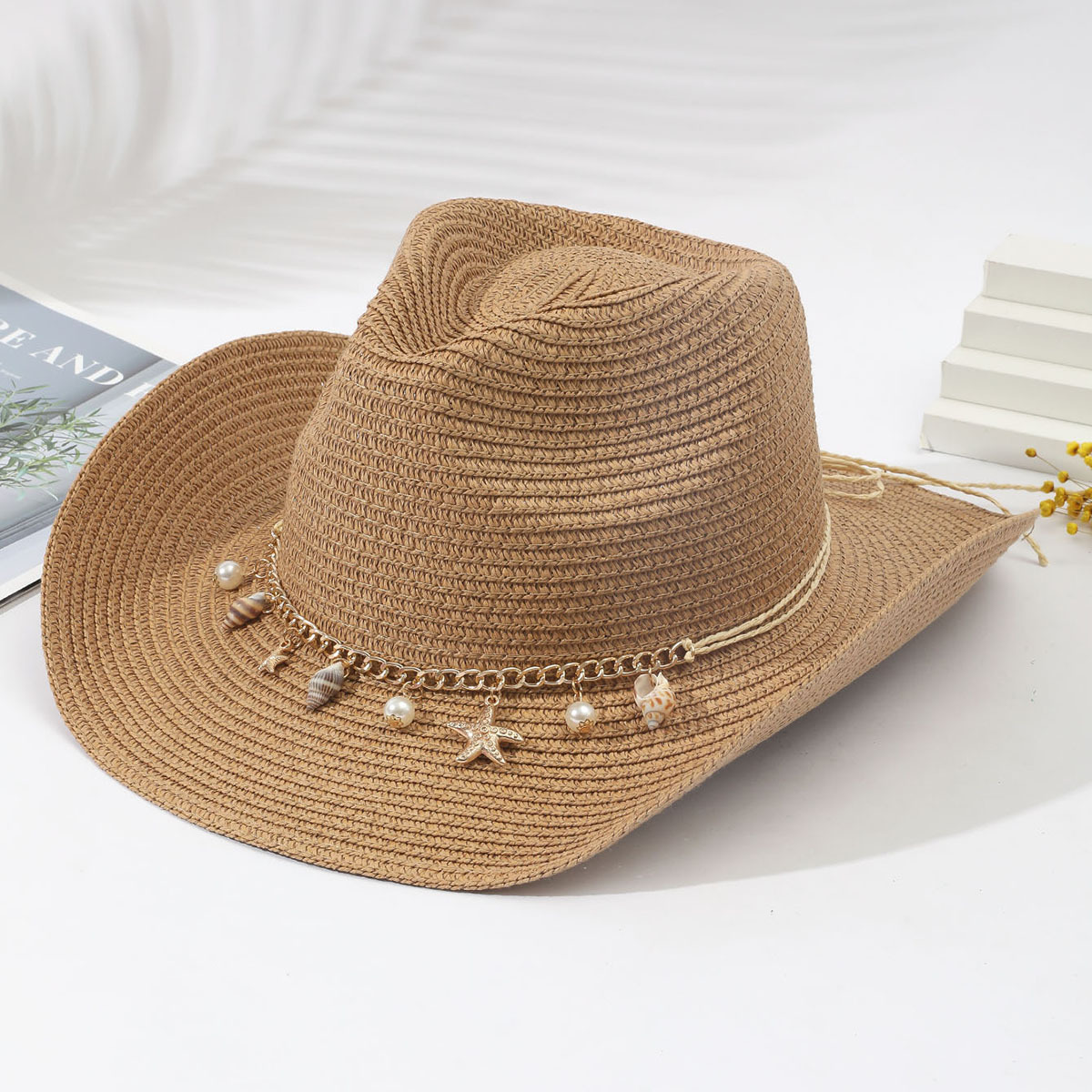 Modlily Dark Camel Shell Detail Wide-brimmed Hat - One Size