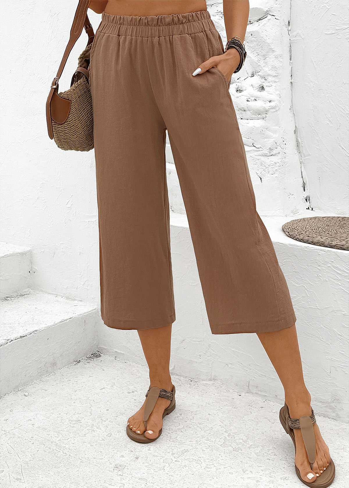 Modlily Dark Camel Soft Straight Leg Elastic Waist Pants - S
