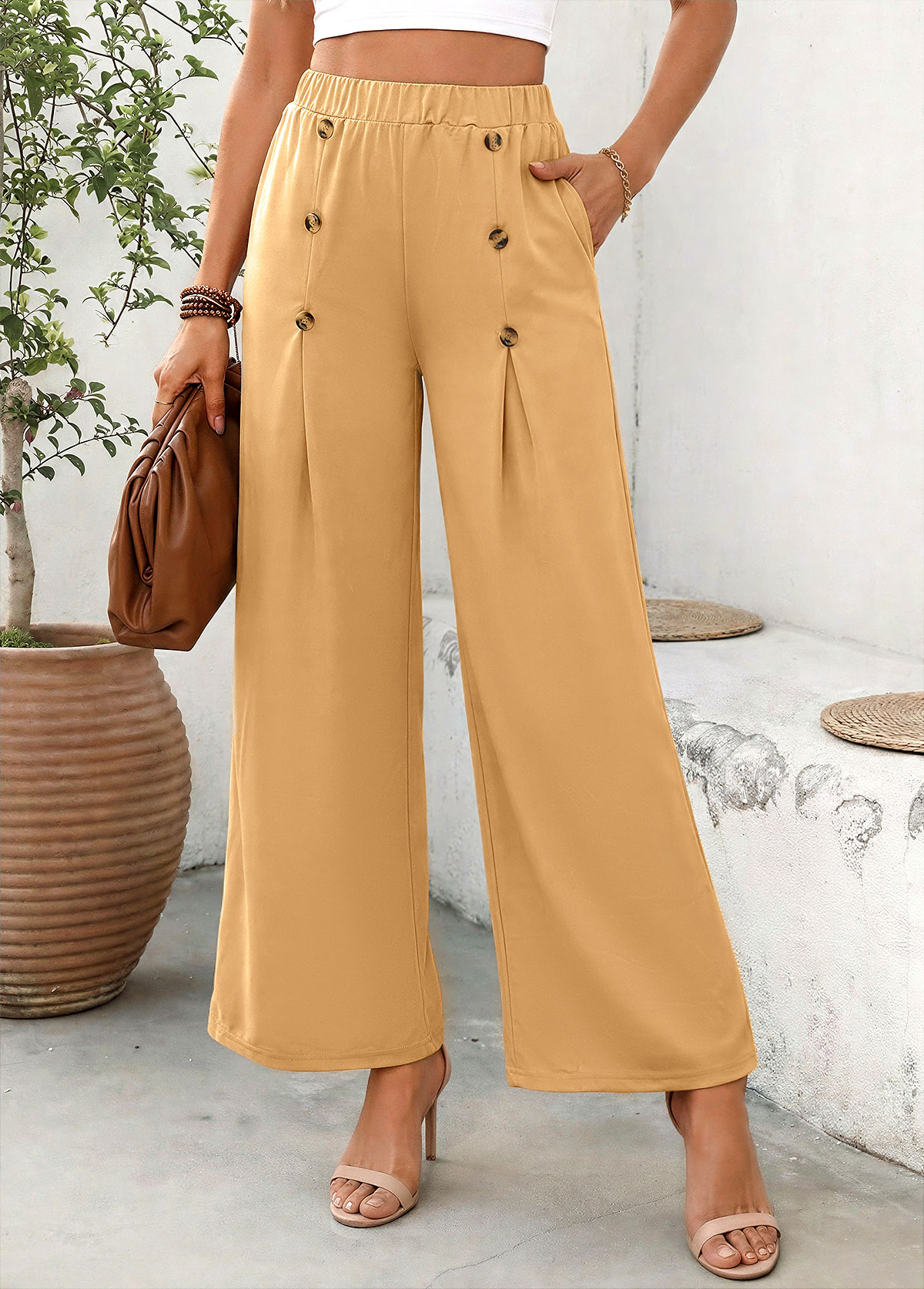 Modlily Dark Camel Soft Wide Leg Elastic Waist Pants - M