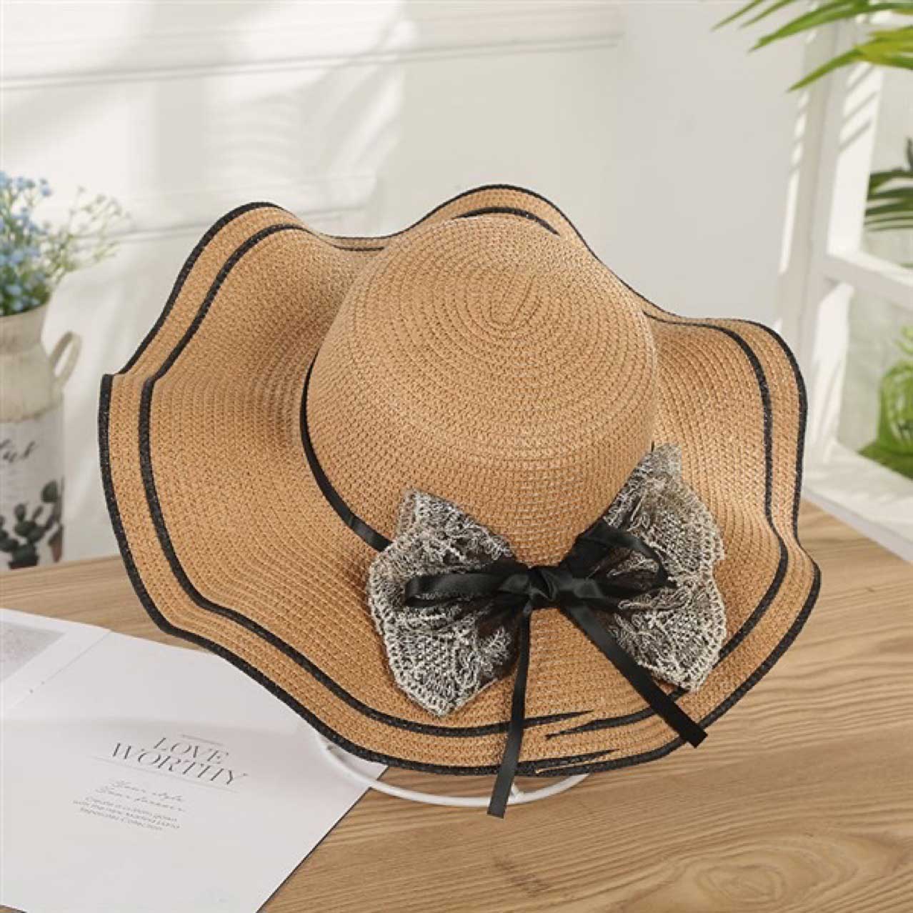 Modlily Dark Camel Striped Visor Straw Hat - One Size