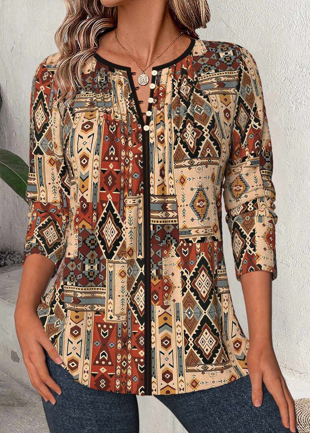Modlily Dark Camel Tribal Print 3/4 Sleeve Split Neck Blouse - M