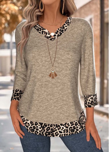 Modlily Dark Camel Tummy Coverage Leopard 3/4 Sleeve T Shirt - M