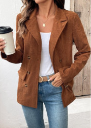 Modlily Dark Camel Tummy Coverage Long Sleeve Lapel Coat - S