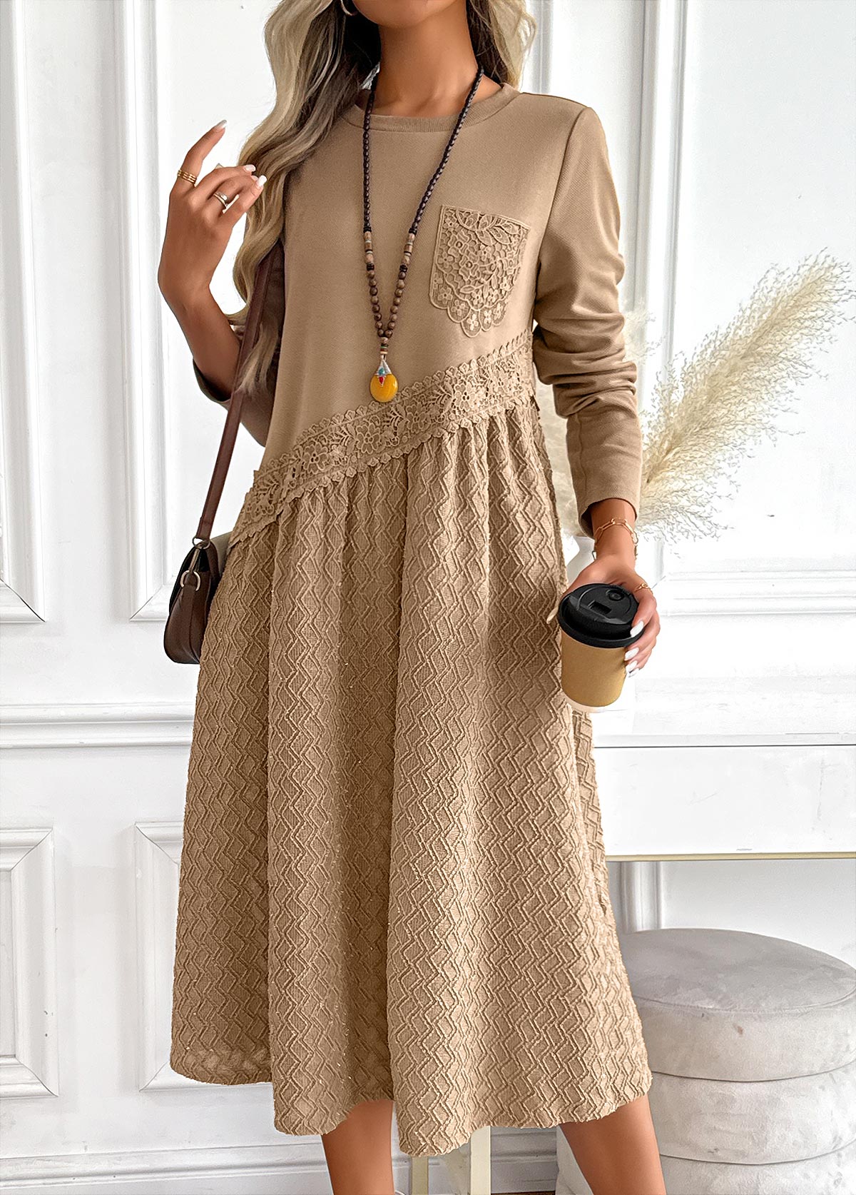Modlily Dark Camel Tummy Coverage Long Sleeve Round Neck Dress - S