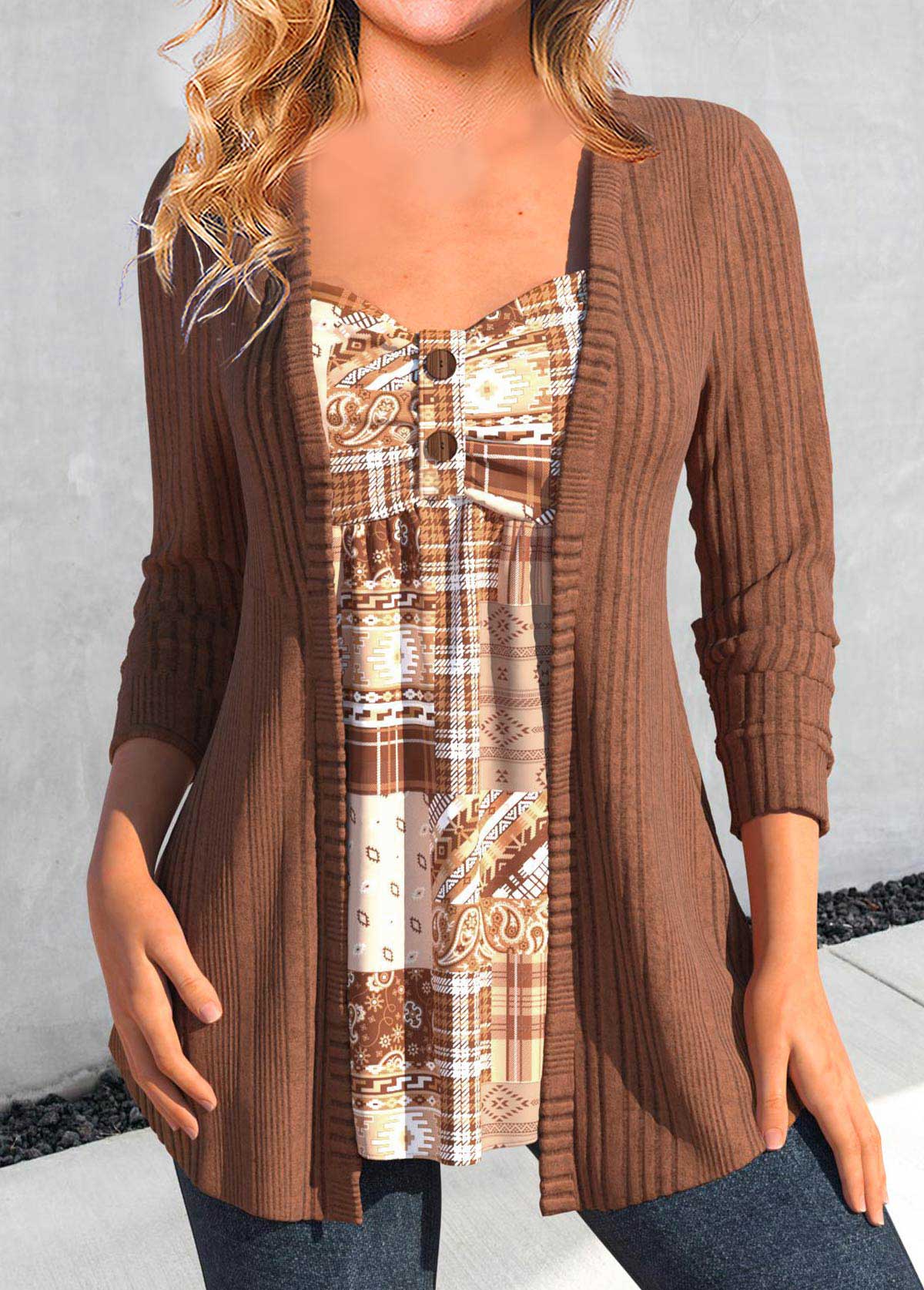 Modlily Dark Coffee Button Geometric Print T Shirt - M