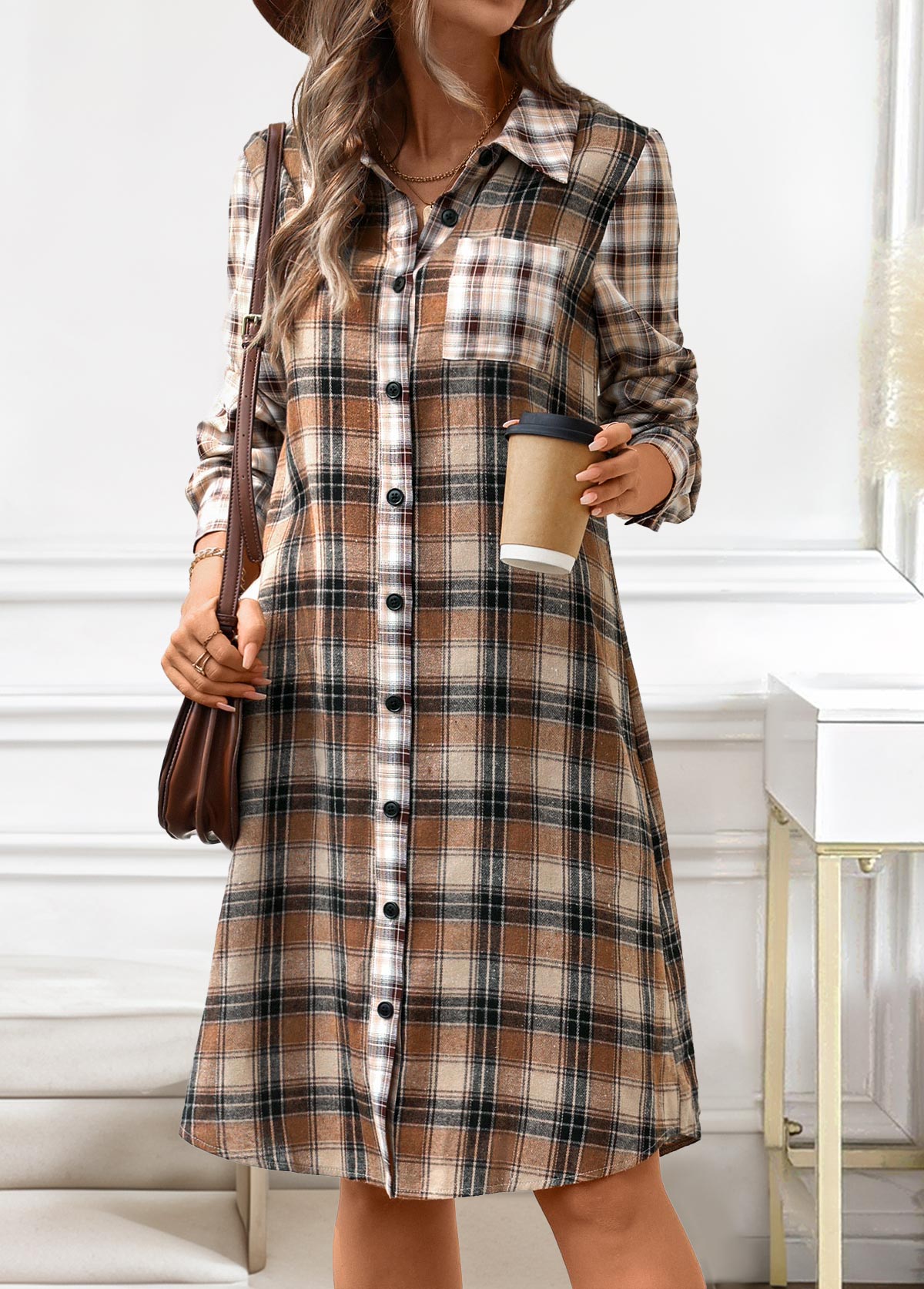 Modlily Dark Coffee Button Plaid A Line Long Sleeve Dress - S