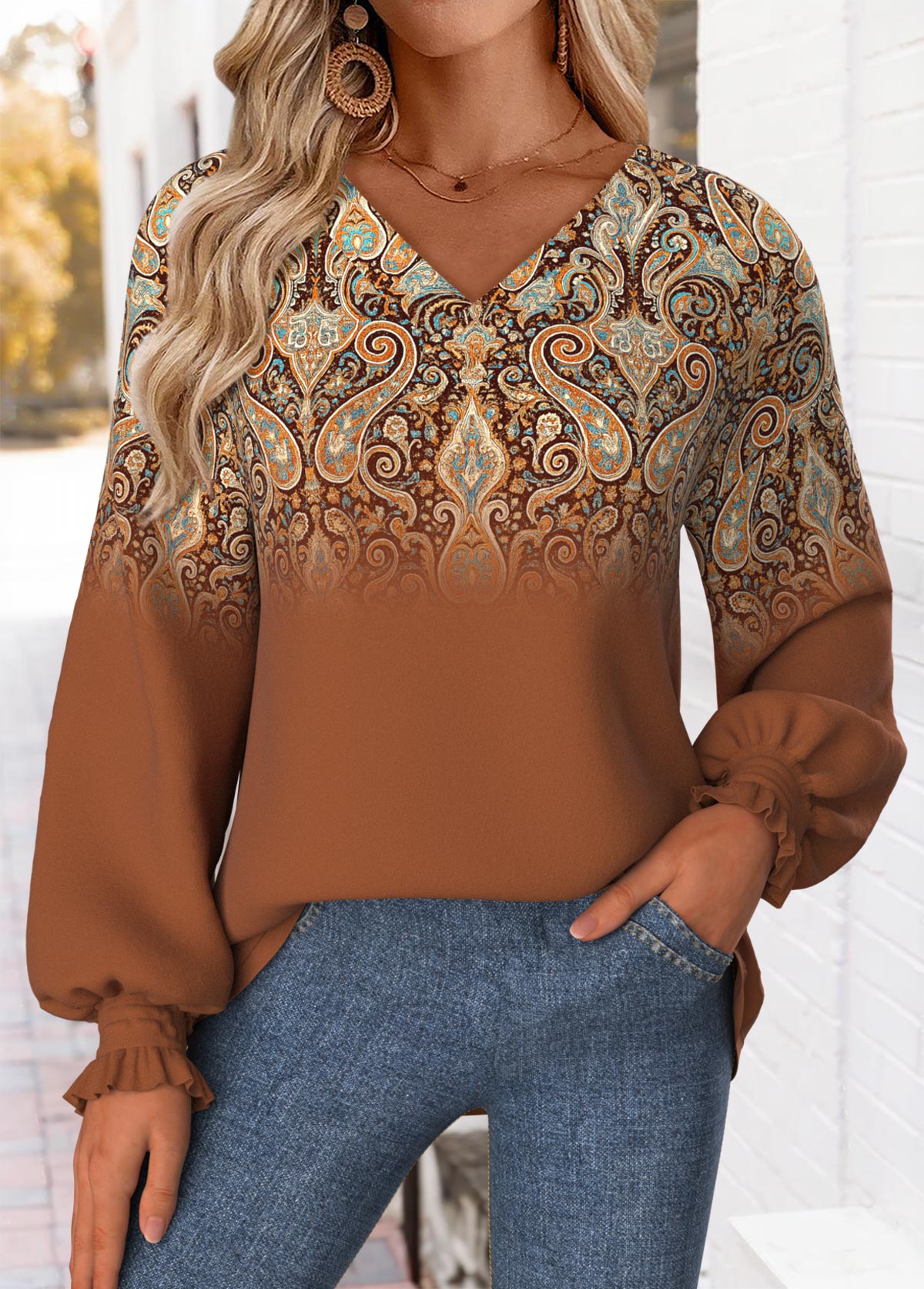 Modlily Dark Coffee Curved Hem Tribal Print Long Sleeve Sweatshirt - XL