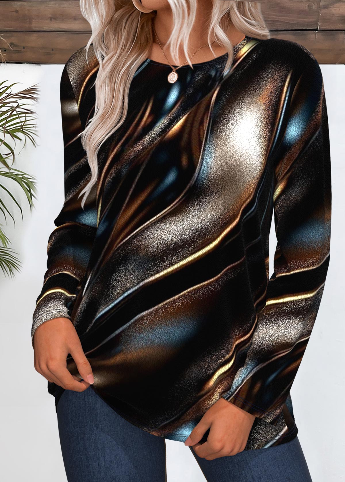 Modlily Dark Coffee Dazzle Colorful Print Long Sleeve T Shirt - M