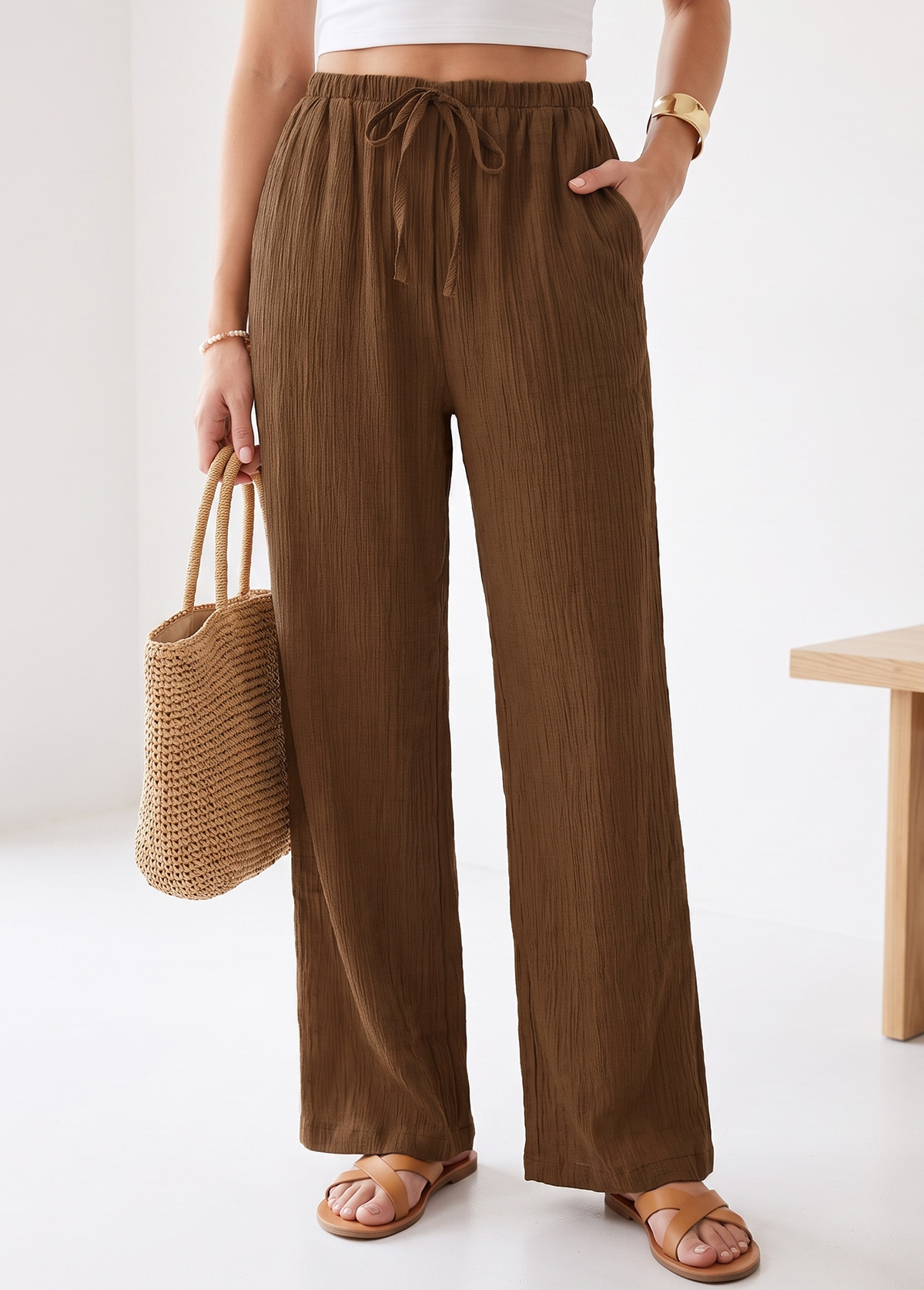 Modlily Dark Coffee Elastic Waist High Waisted Pants - S